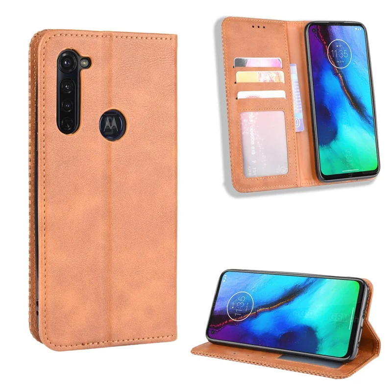 Automatiskt sugande retro läderfodral med plånbok för Motorola Moto G Stylus / G Pro - Brun