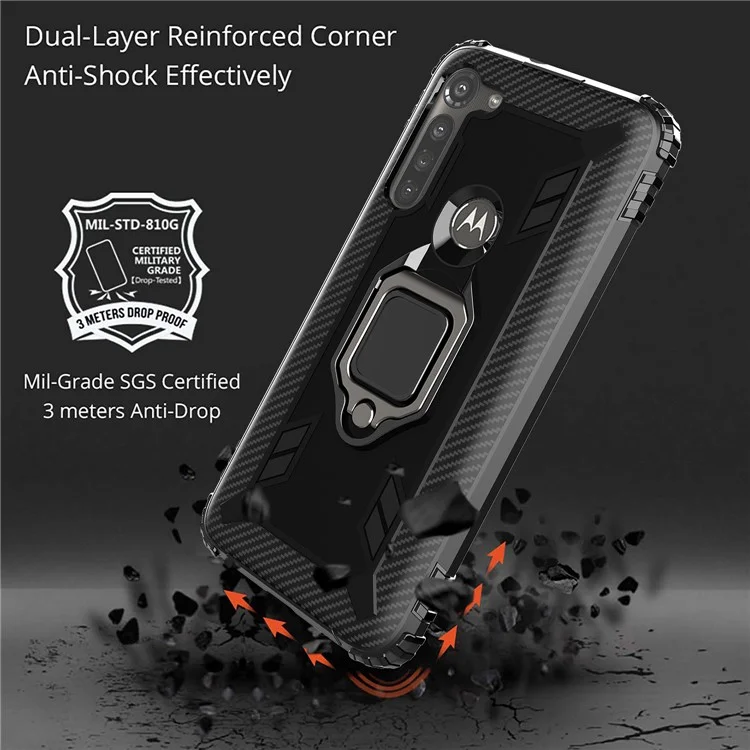 Finger Ring Kickstand Drop-proof TPU Protective Cover for Motorola Moto G8 Power - Black