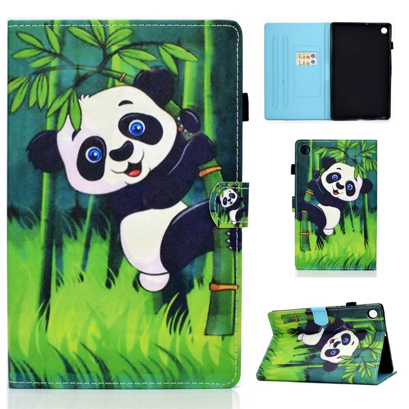 Pattern Printing Stand Card Holder Leather Tablet Case for Lenovo Tab M10 Plus TB-X606F - Panda and Bamboo