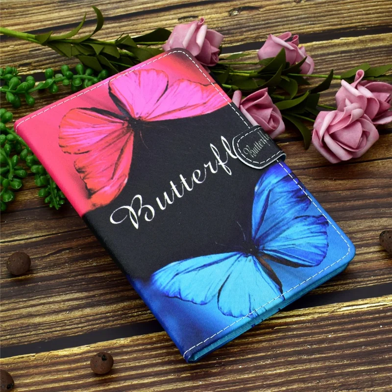 Pattern Printing Stand Card Holder Leather Tablet Case for Lenovo Tab M10 Plus TB-X606F - Blue and Red Butterflies