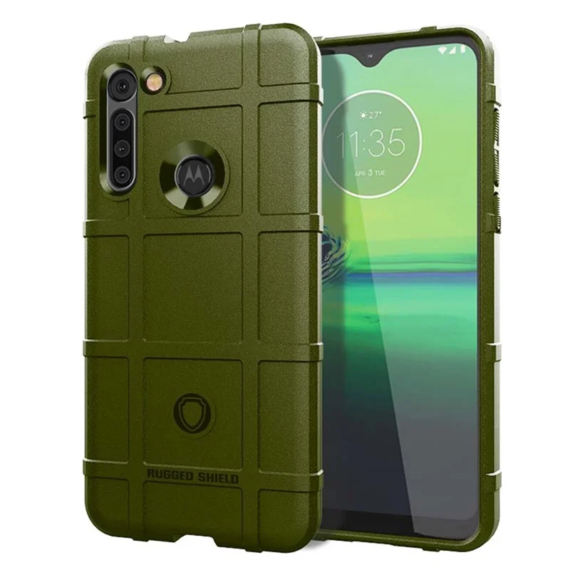 Capa de Telefone Reforçada com Textura de Grade Quadrada Amortecedora para Motorola Moto G8 - Verde Exército