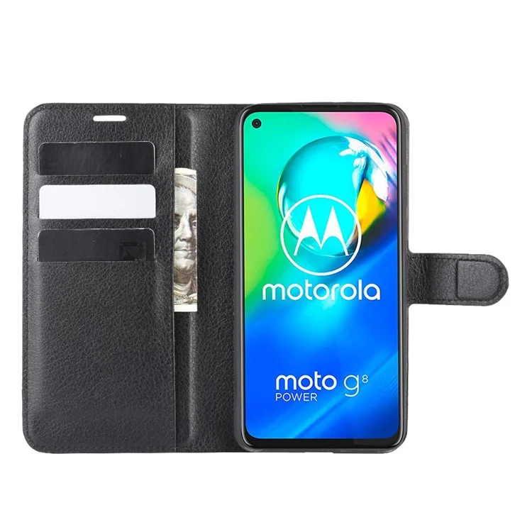 Peau Litchi Avec Couvercle en Cuir de Portefeuille Pour Motorola Moto G8 Power - le Noir