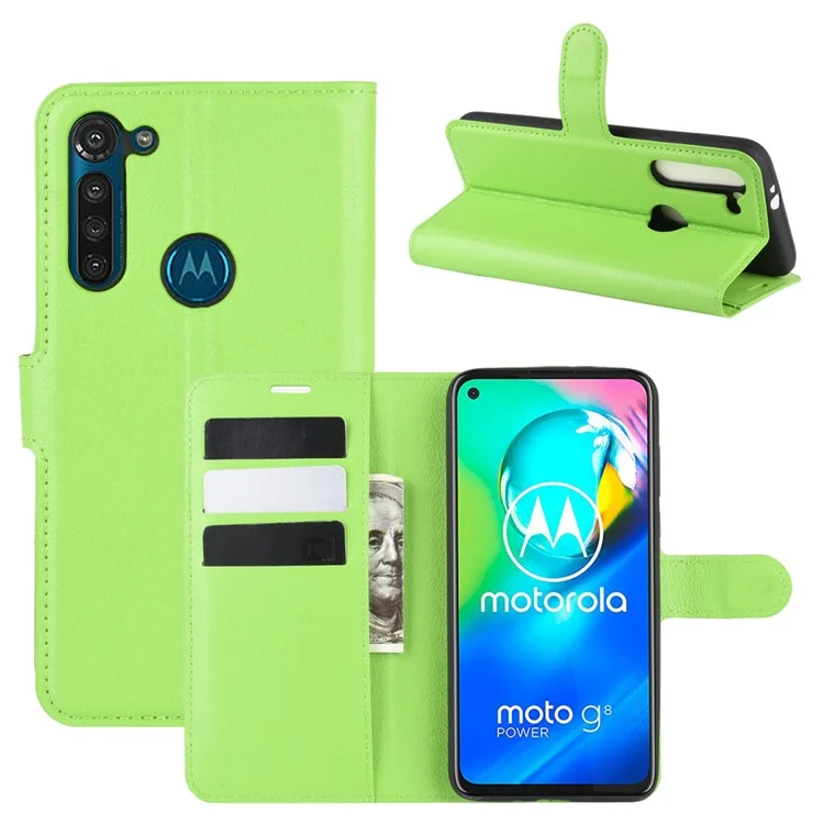 Litchi Skin with Wallet Leather Cover for Motorola Moto G8 Power - Green