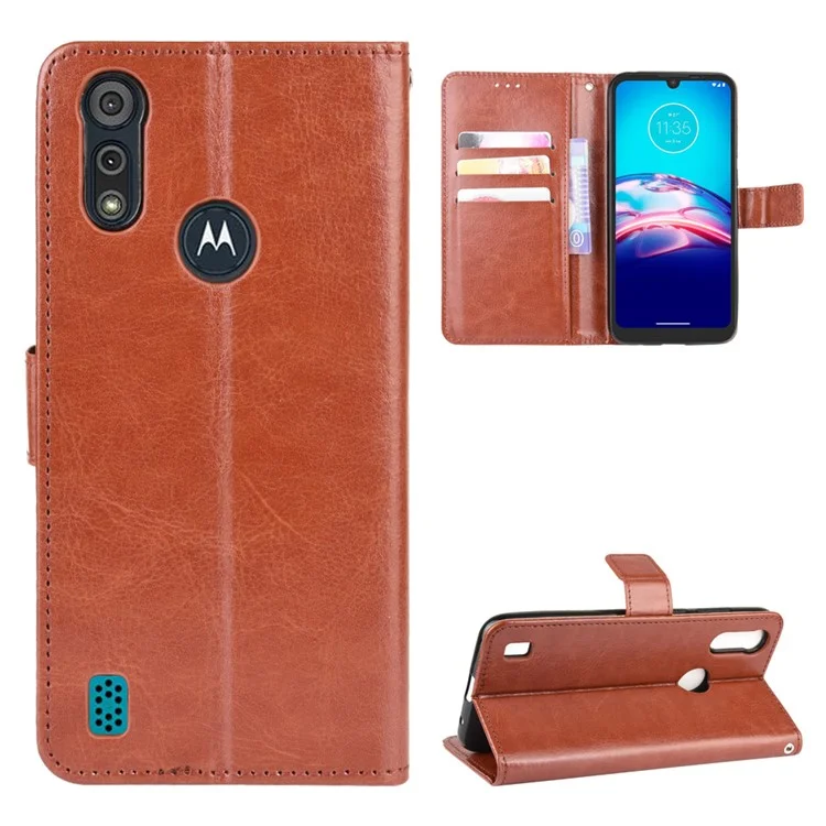 Crazy Horse Texture Wallet Stand Leder Telefon Fall Für Motorola Moto E6s (2020) - Braun