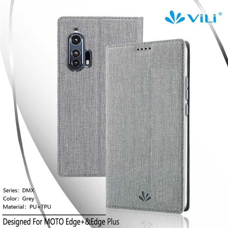 VILI DMX Card Holder Leather Stand Shell Mobile Phone Cover for Motorola Edge Plus - Grey