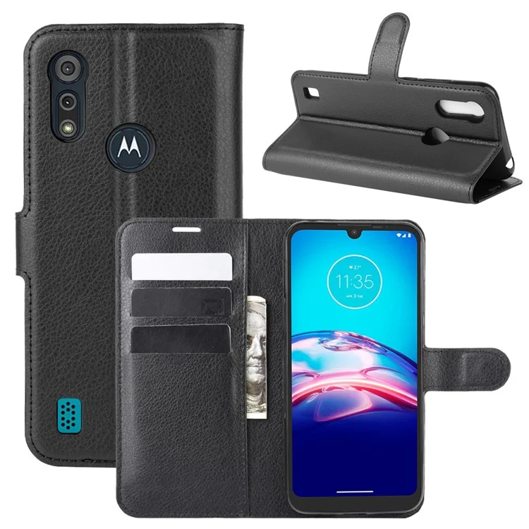 Litchi Surface with Wallet Leather Shell for Motorola Moto E6i / E6s (2020) - Black