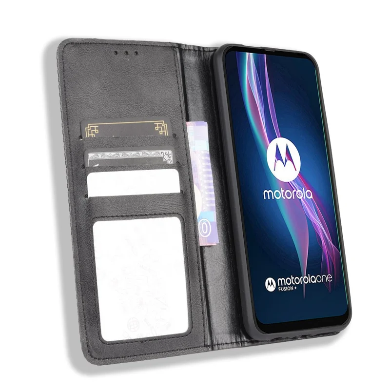 Auto-absorbed Retro Leather Wallet Protective Case for Motorola Moto One Fusion Plus - Black