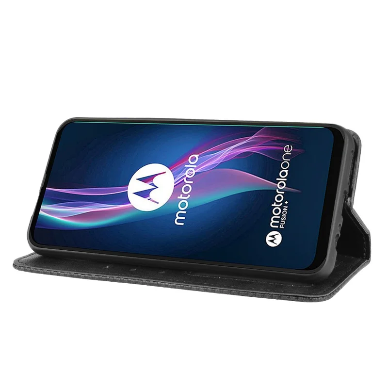 Auto-absorbed Retro Leather Wallet Protective Case for Motorola Moto One Fusion Plus - Black