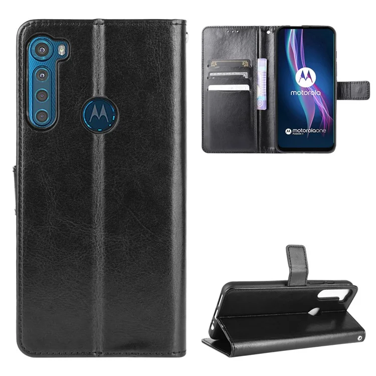 Crazy Horse Wallet Stand Leather Case Accessory for Motorola Moto One Fusion Plus - Black