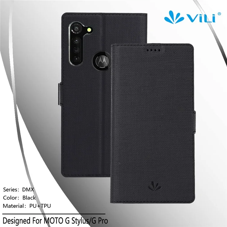 VILI DMK Leather Double Cards Side Buckle Style Phone Cover for Motorola Moto G Stylus/Moto G Pro - Black