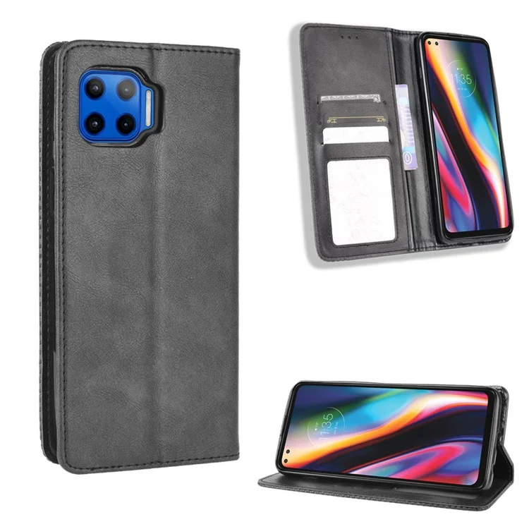 Carteira de Couro Estilo Vintage com Suporte para Motorola Moto G 5G Plus - Preto