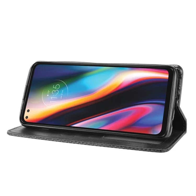 Caixa de Suporte de Couro de Couro Vintage Para Motorola Moto G 5G Plus - Preto