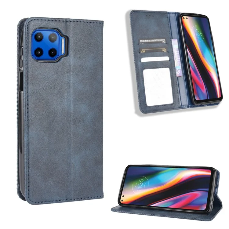 Vintage Style Leather Wallet Stand Case for Motorola Moto G 5G Plus - Blue
