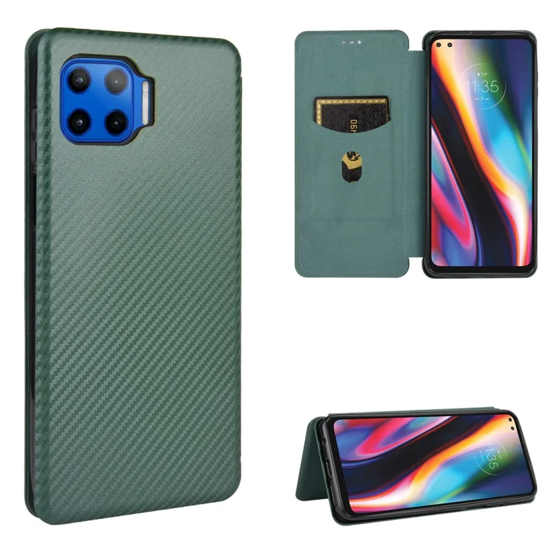 Auto-absorbed Carbon Fiber Texture Stand Leather Case for Motorola Moto G 5G Plus - Green