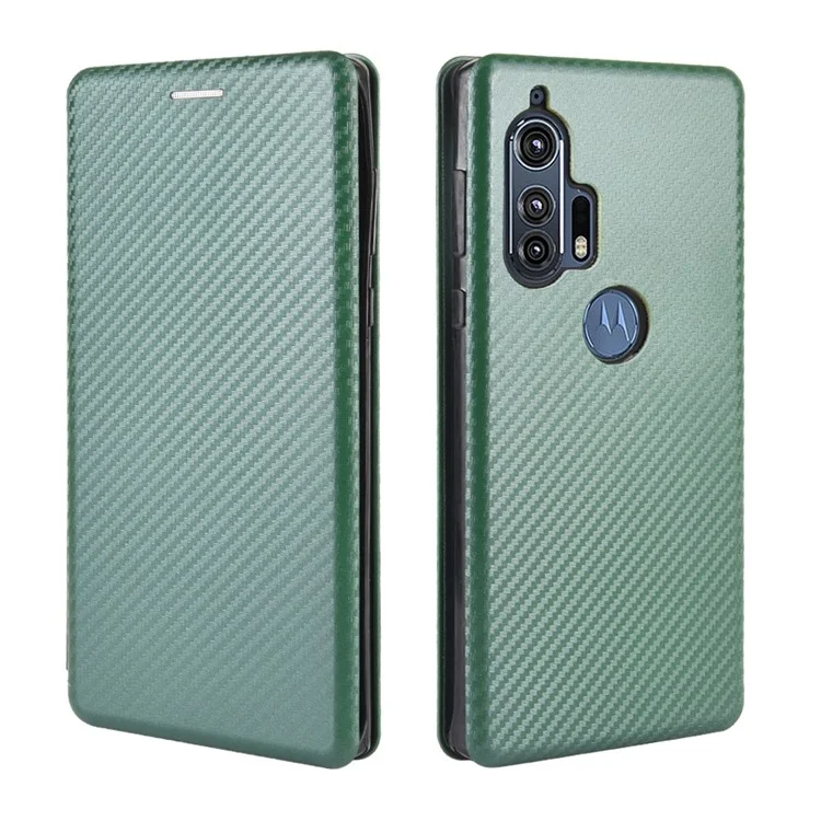 Auto-absorbed Carbon Fiber Texture Stand Leather Cover for Motorola Edge Plus - Green