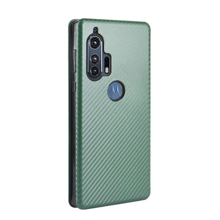 Auto-absorbed Carbon Fiber Texture Stand Leather Cover for Motorola Edge Plus - Green