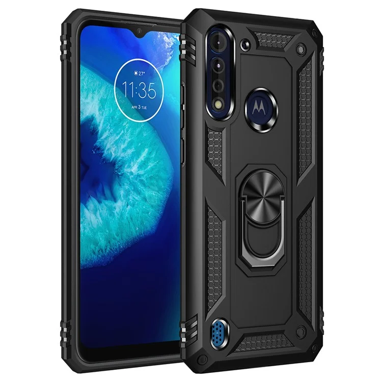 360° Rotatable Ring Kickstand Armor PC+TPU Combo Case for Motorola Moto G8 Power Lite - Black
