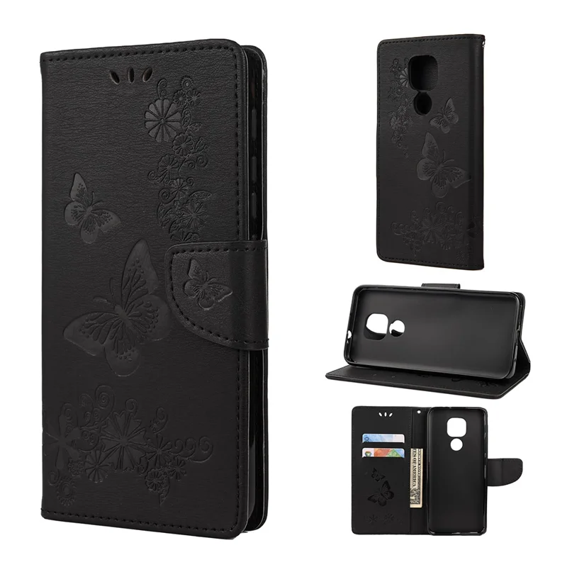 Imprint Butterfly Flower Leather Shell for Motorola Moto G9 Play - Black