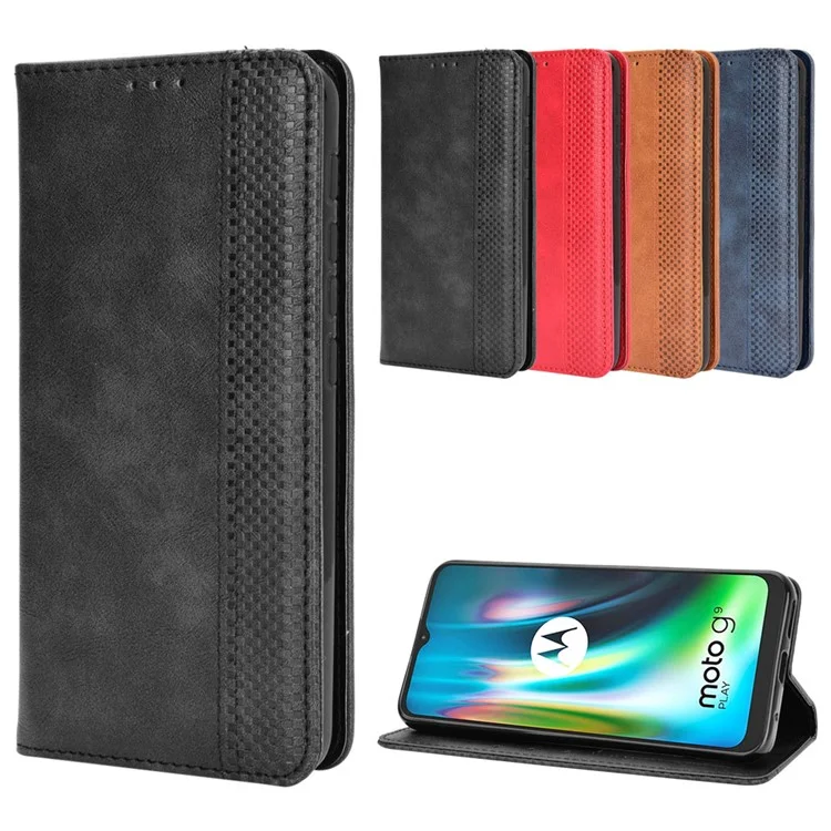 Auto-absorbed Retro PU-Lederhülle Brieftaschenhalterung für Motorola Moto E7 Plus - Schwarz