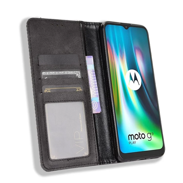 Auto-absorbed Retro PU-Lederhülle Brieftaschenhalterung für Motorola Moto E7 Plus - Schwarz