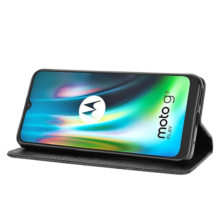 Auto-absorbed Retro PU-Lederhülle Brieftaschenhalterung für Motorola Moto E7 Plus - Schwarz