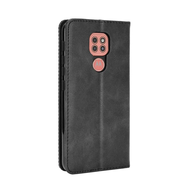 Auto-absorbed Retro PU-Lederhülle Brieftaschenhalterung für Motorola Moto E7 Plus - Schwarz