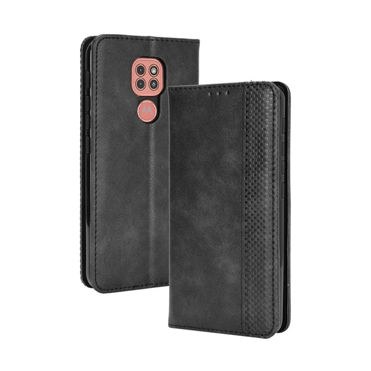 Auto-absorbed Retro PU-Lederhülle Brieftaschenhalterung für Motorola Moto E7 Plus - Schwarz