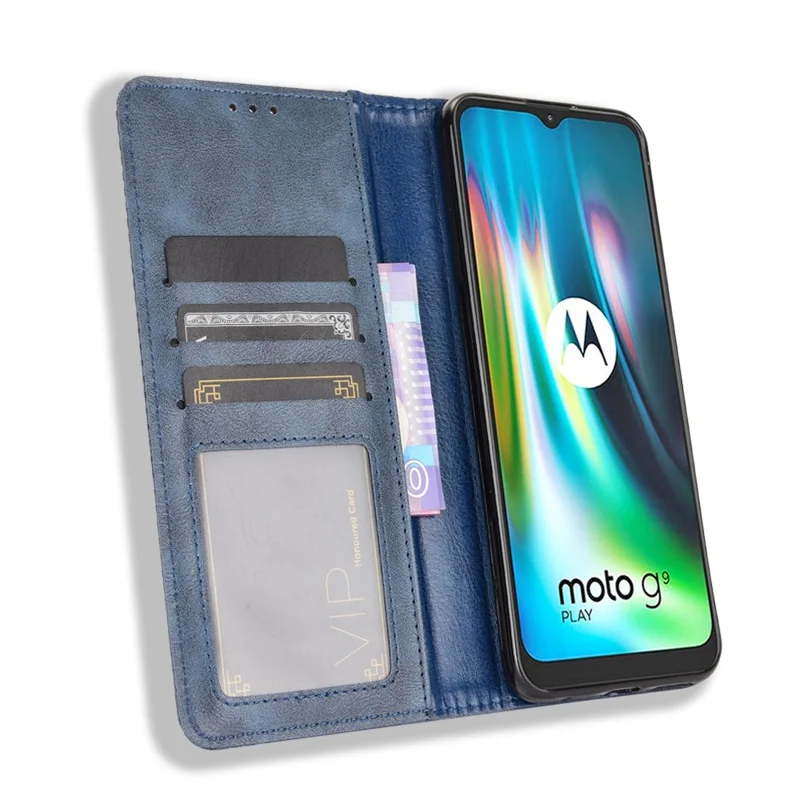 Самовсасывающийся ретро-чехол из искусственной кожи PU для телефона Motorola Moto E7 Plus - синий