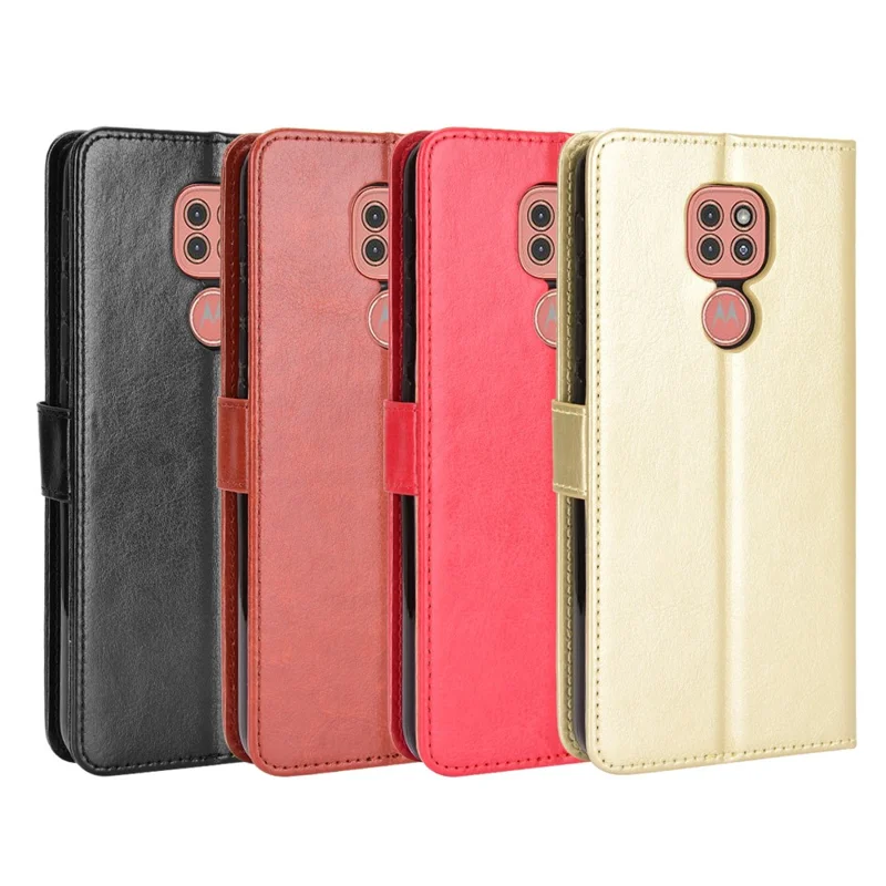 Crazy Horse Leather Shell with Wallet Stand Phone Case for Motorola Moto E7 Plus - Black