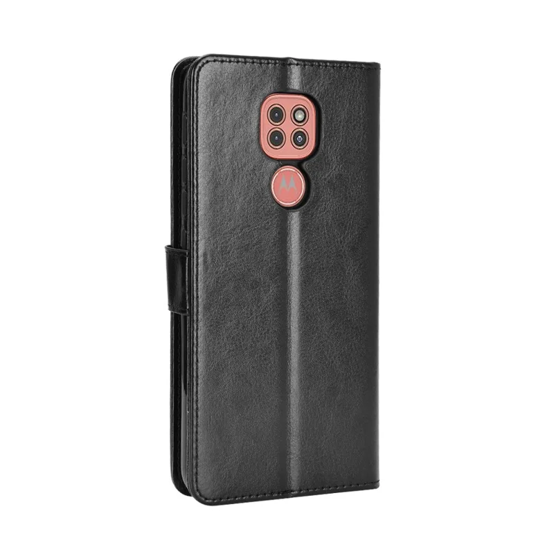Crazy Horse Leather Shell with Wallet Stand Phone Case for Motorola Moto E7 Plus - Black