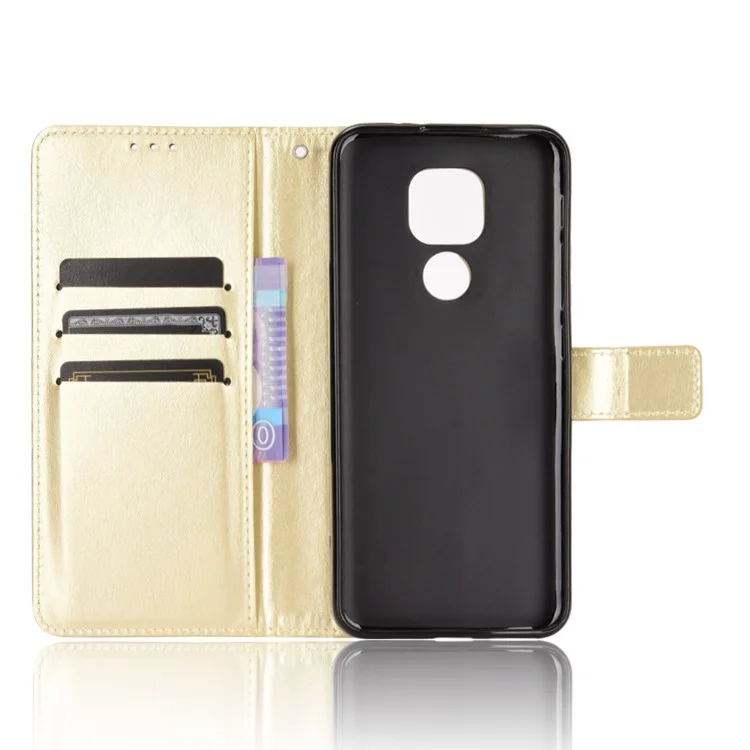 Crazy Horse Leather Shell with Wallet Stand Phone Case for Motorola Moto E7 Plus - Gold