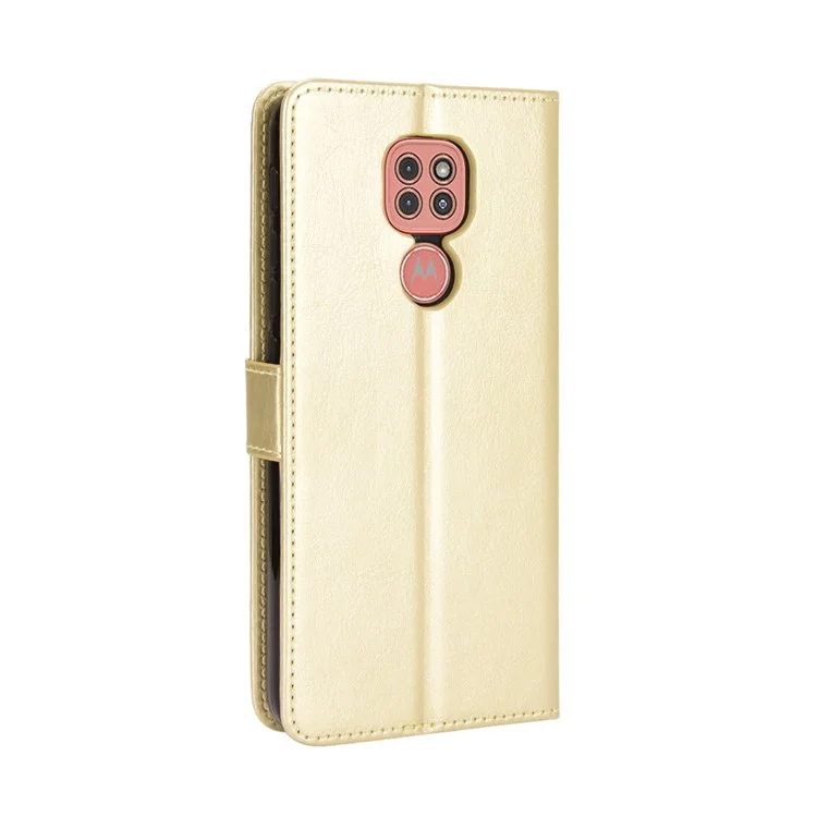 Crazy Horse Leather Shell with Wallet Stand Phone Case for Motorola Moto E7 Plus - Gold