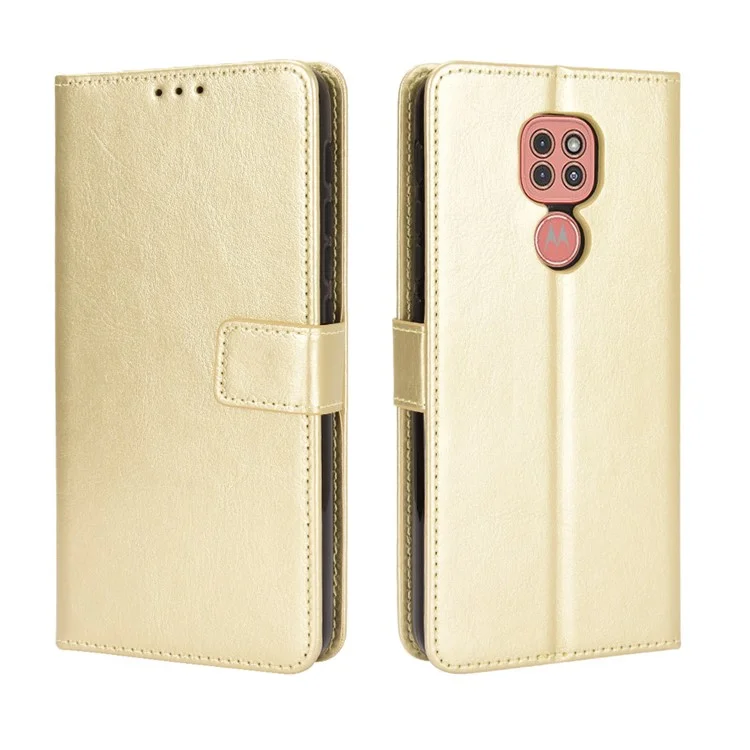 Crazy Horse Leather Shell with Wallet Stand Phone Case for Motorola Moto E7 Plus - Gold