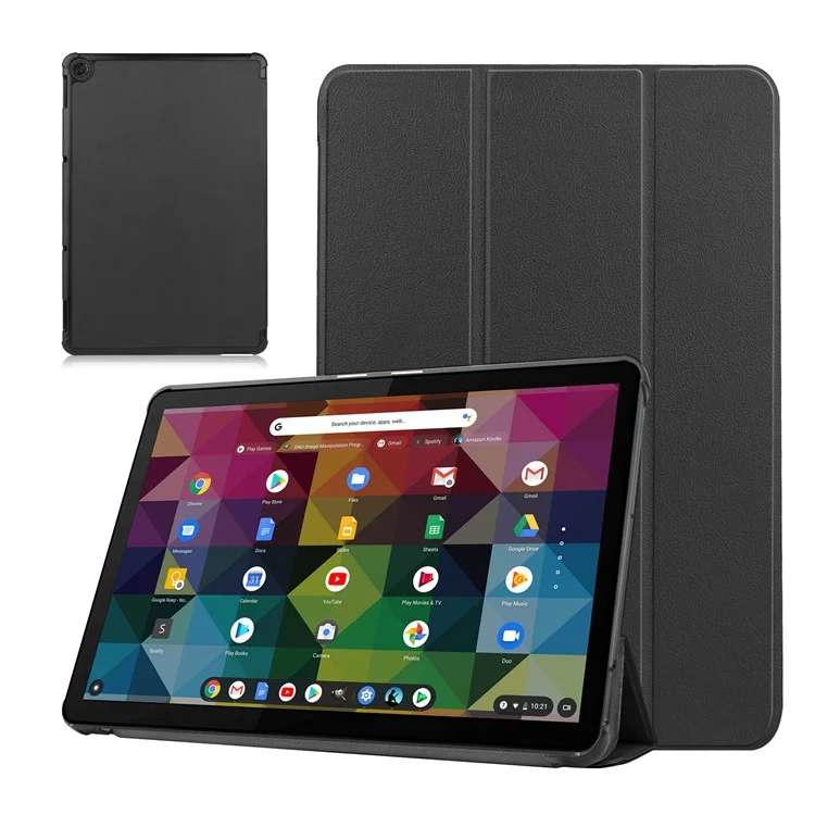 Litch Skin PU Leather Tri-fold Stand Shell for Lenovo Chromebook Duet Tablet Case - Black