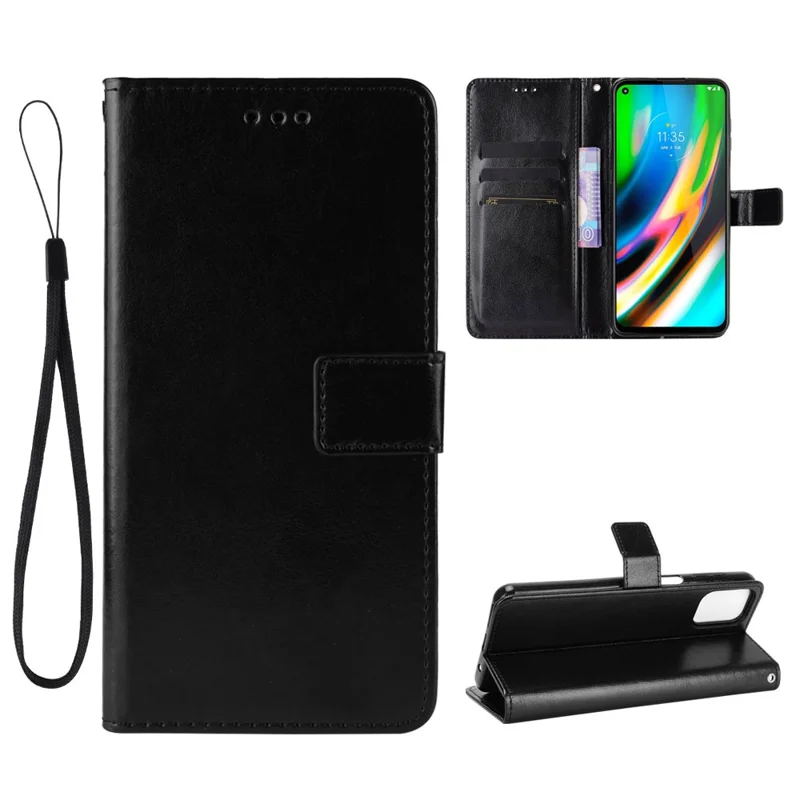 Crazy Horse Texture Leather Stand Phone Cover Case with Wallet for Motorola Moto G9 Plus - Black