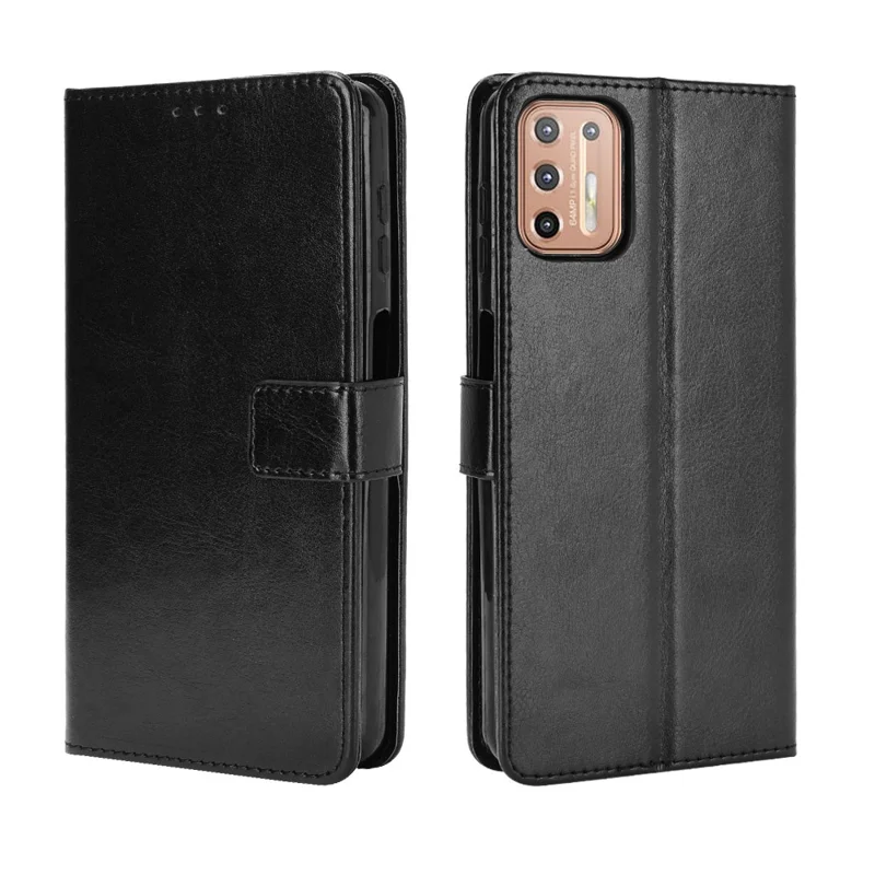 Crazy Horse Texture Leather Stand Phone Cover Case with Wallet for Motorola Moto G9 Plus - Black