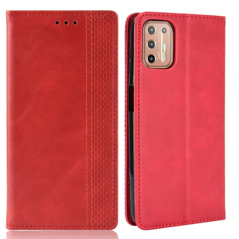 Магнитный винтажный защитный чехол для телефона Motorola Moto G9 Plus с бумажником и подставкой - Красный