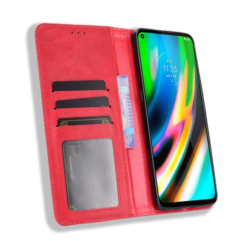 Магнитный винтажный защитный чехол для телефона Motorola Moto G9 Plus с бумажником и подставкой - Красный
