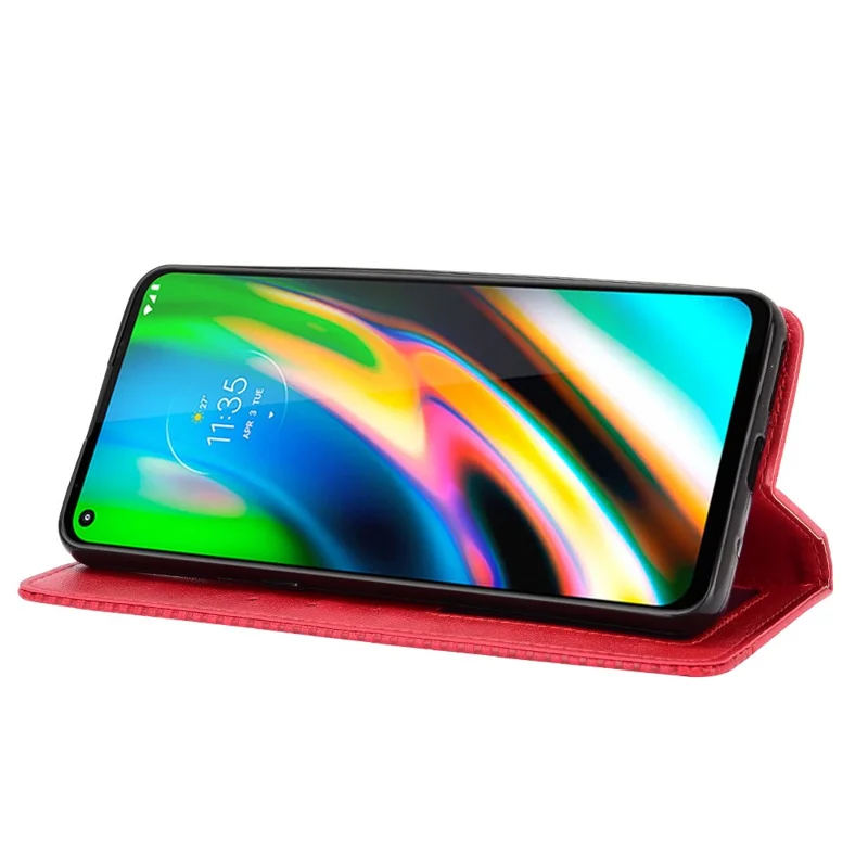 Магнитный винтажный защитный чехол для телефона Motorola Moto G9 Plus с бумажником и подставкой - Красный