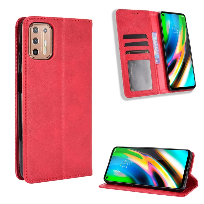 Магнитный винтажный защитный чехол для телефона Motorola Moto G9 Plus с бумажником и подставкой - Красный
