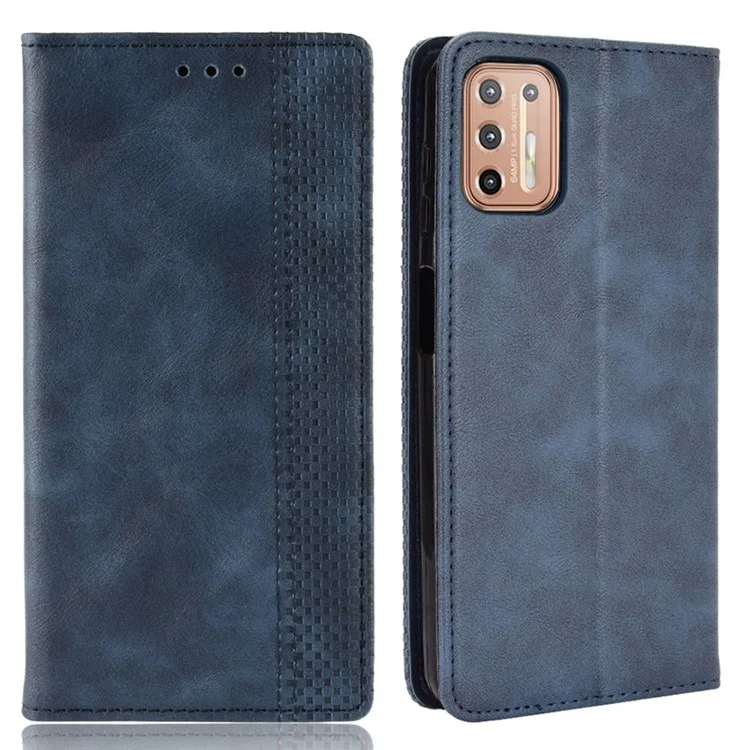 Magnetic Vintage Style Phone Protective Shell for Motorola Moto G9 Plus with Wallet Stand - Blue