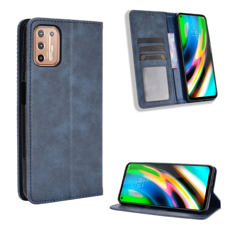 Magnetic Vintage Style Phone Protective Shell for Motorola Moto G9 Plus with Wallet Stand - Blue