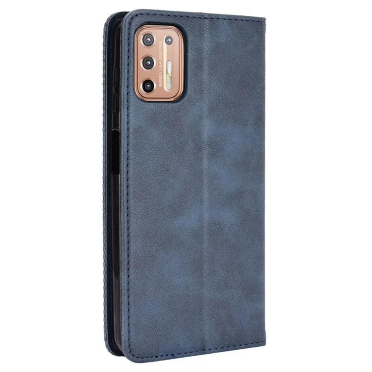 Magnetic Vintage Style Phone Protective Shell for Motorola Moto G9 Plus with Wallet Stand - Blue