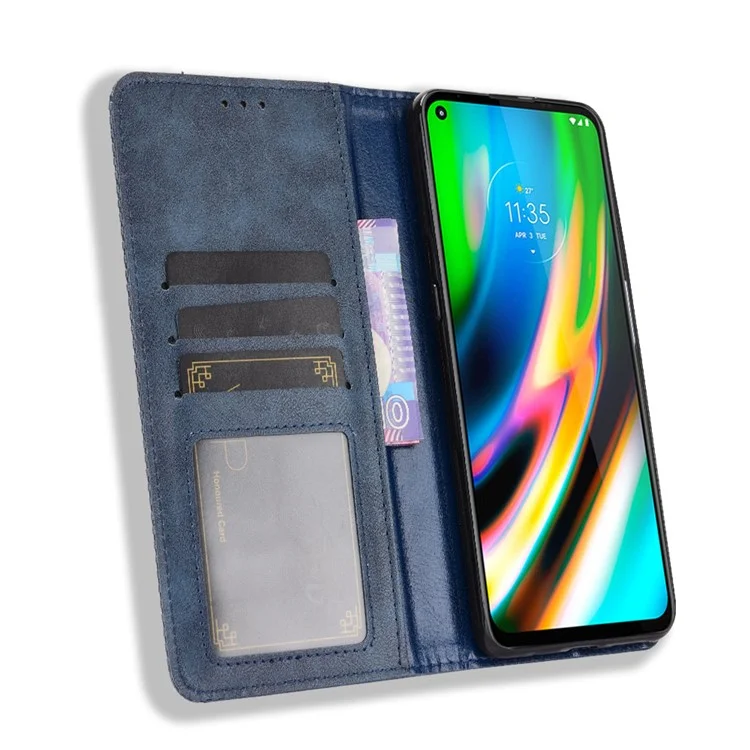 Magnetic Vintage Style Phone Protective Shell for Motorola Moto G9 Plus with Wallet Stand - Blue