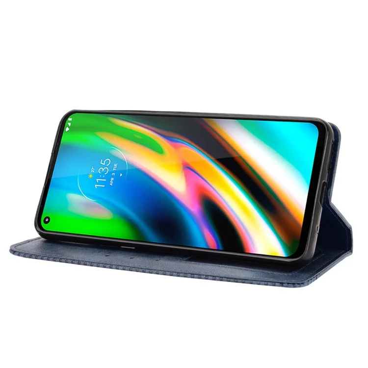 Magnetic Vintage Style Phone Protective Shell for Motorola Moto G9 Plus with Wallet Stand - Blue