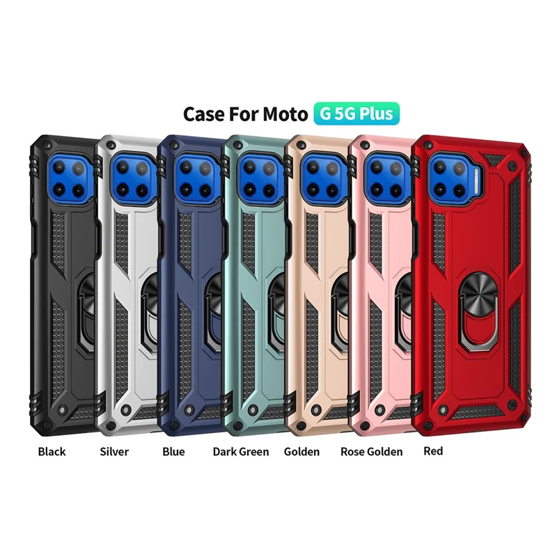 Cover per telefono in PC antiurto + TPU con anello e supporto per Motorola Moto G 5G Plus - Argento