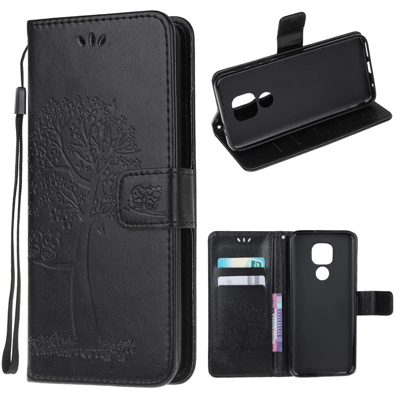 Stylish Imprint Tree and Owls Wallet Leather Phone Protector for Motorola Moto G9 Play / Moto E7 Plus - Black