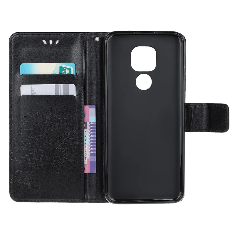 Stylish Imprint Tree and Owls Wallet Leather Phone Protector for Motorola Moto G9 Play / Moto E7 Plus - Black