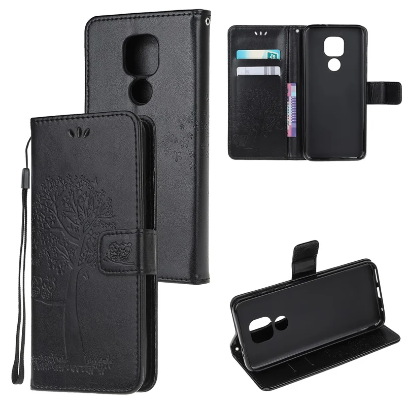 Stylish Imprint Tree and Owls Wallet Leather Phone Protector for Motorola Moto G9 Play / Moto E7 Plus - Black