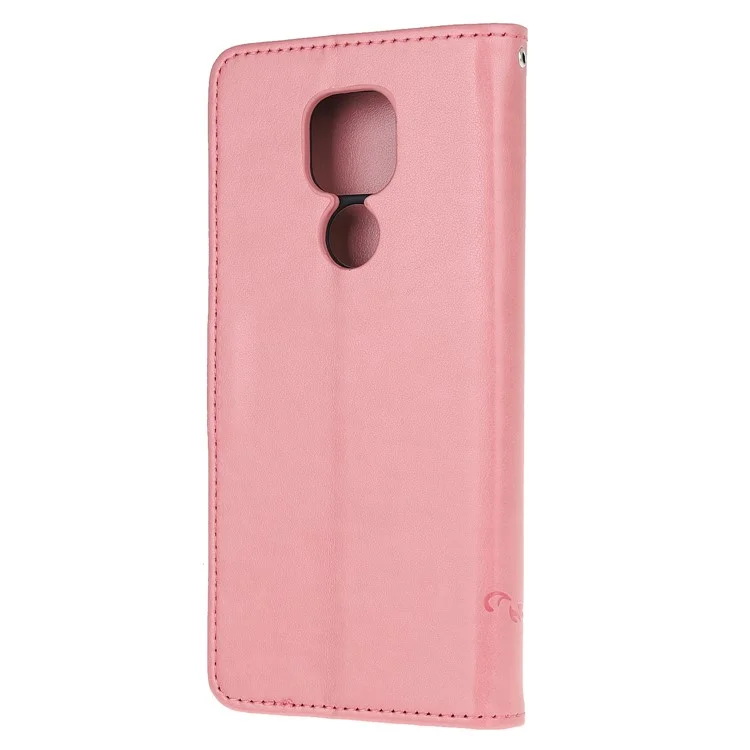 Étui portefeuille en cuir avec impression de papillon et de fleur pour Motorola Moto G9 Play / Motorola Moto E7 Plus - Or rose